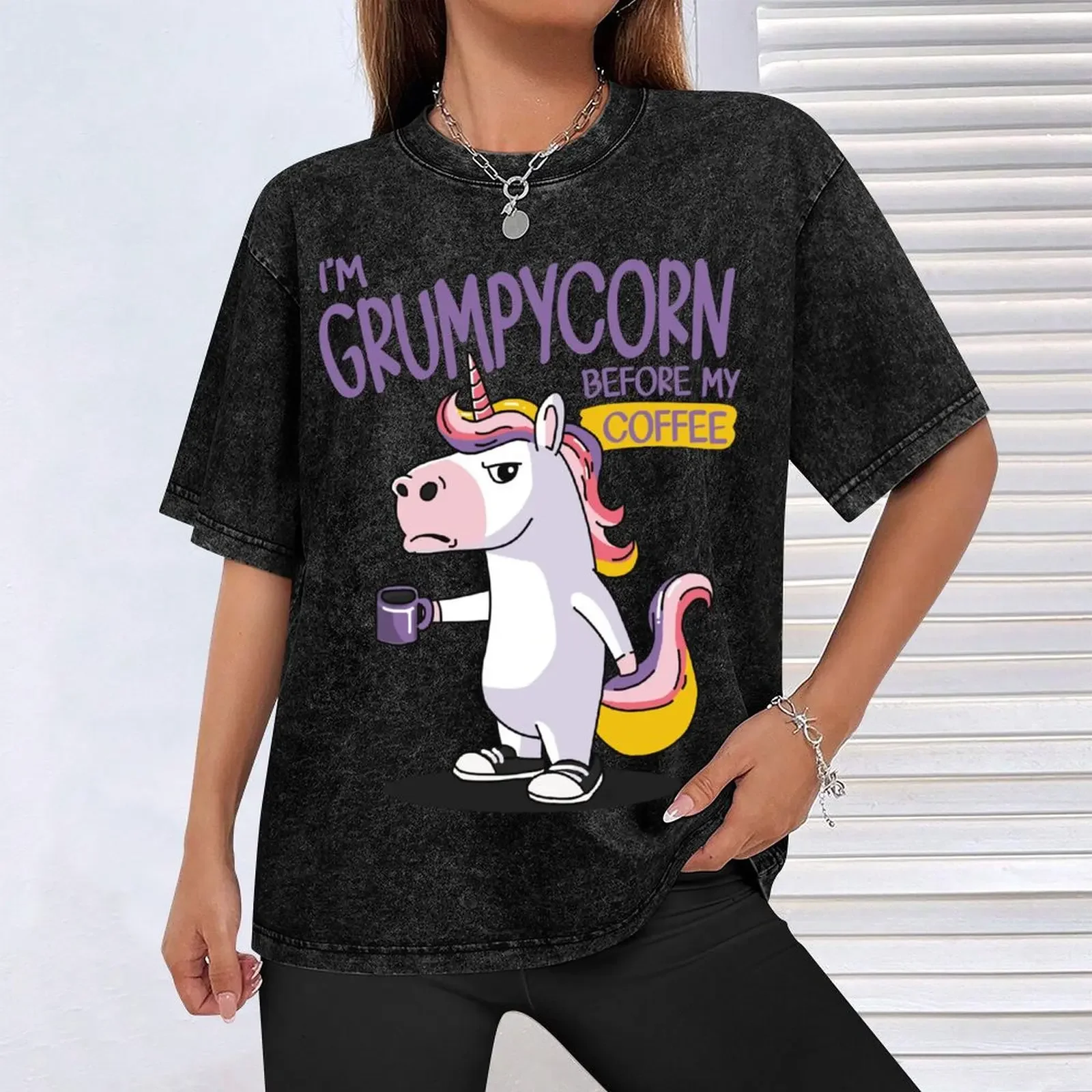 Футболка I'm Grumpycorn Before My Coffee из мытого хлопка винтажный топ с коротким рукавом