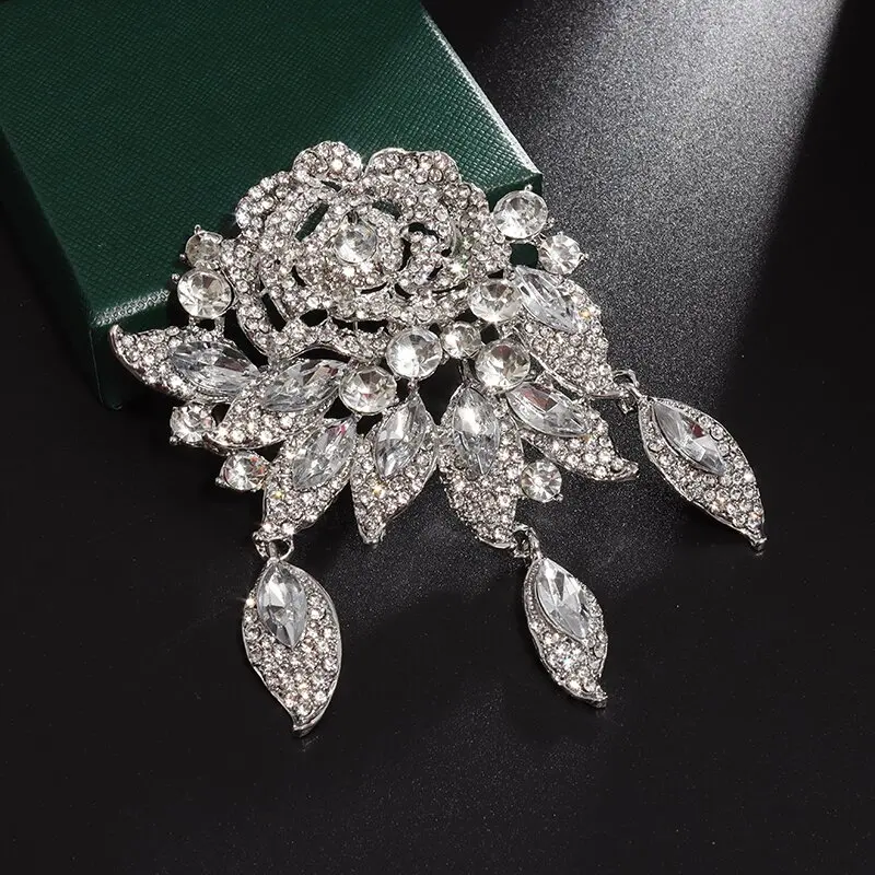 

Fashion Transparent Rhinestone Floral Rose Brooch Pin Elegant Bridal Wedding Party Jewelry Gift