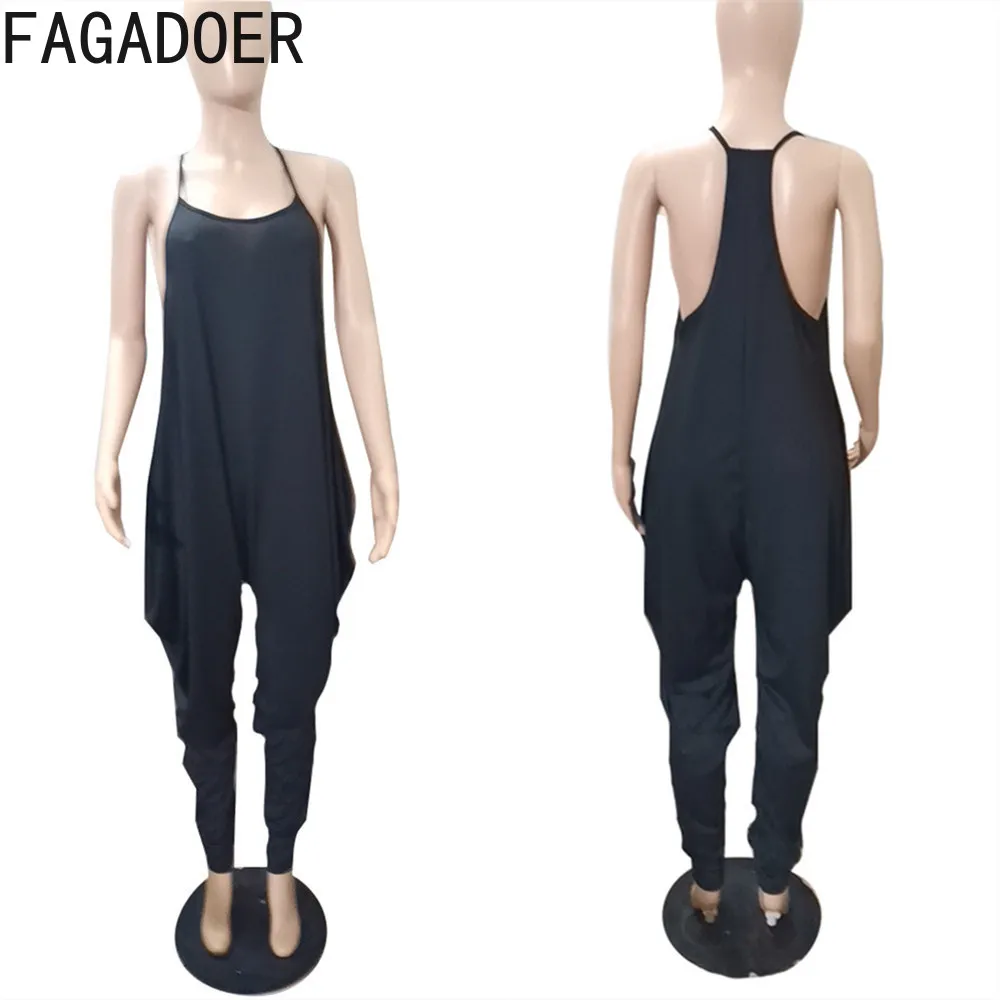 FAGADOER Sexy Strap V Neck Jumpsuits Plus Size Women Clothing XL-5XL Fashion Solid Long Pants Playsuit Summer Casual Romper 2022