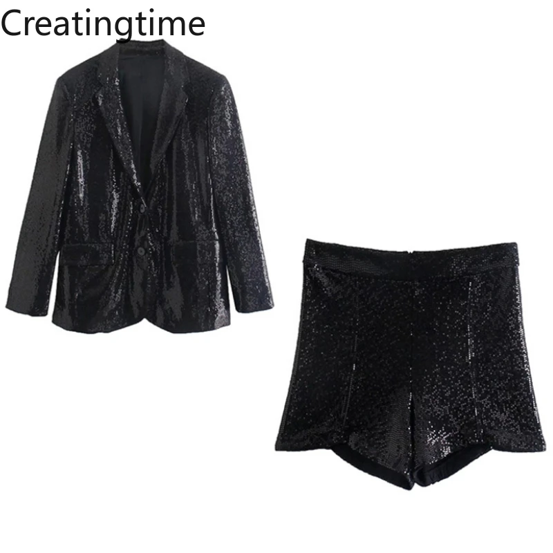 

Creatingtime 2022 Spring New Fashion Trend Women Notched Single Breasted Sequin Decorated Blazer And Mini Shorts Two Piece GA266