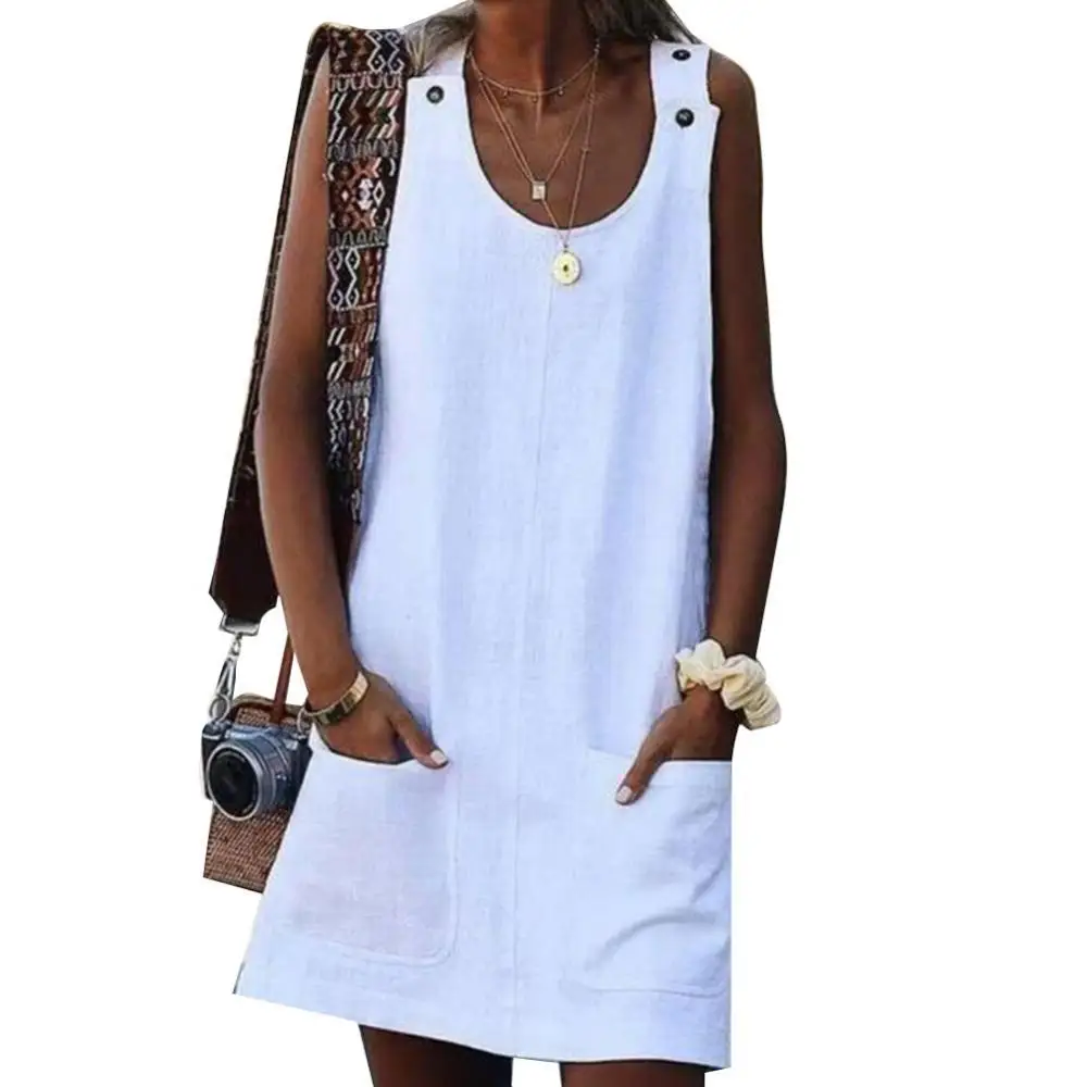 

Summer Dresses Beach Casual Women Solid Color Pocket Mini Dress Sleeveless Button Sundress O Neck Streetwear Dress