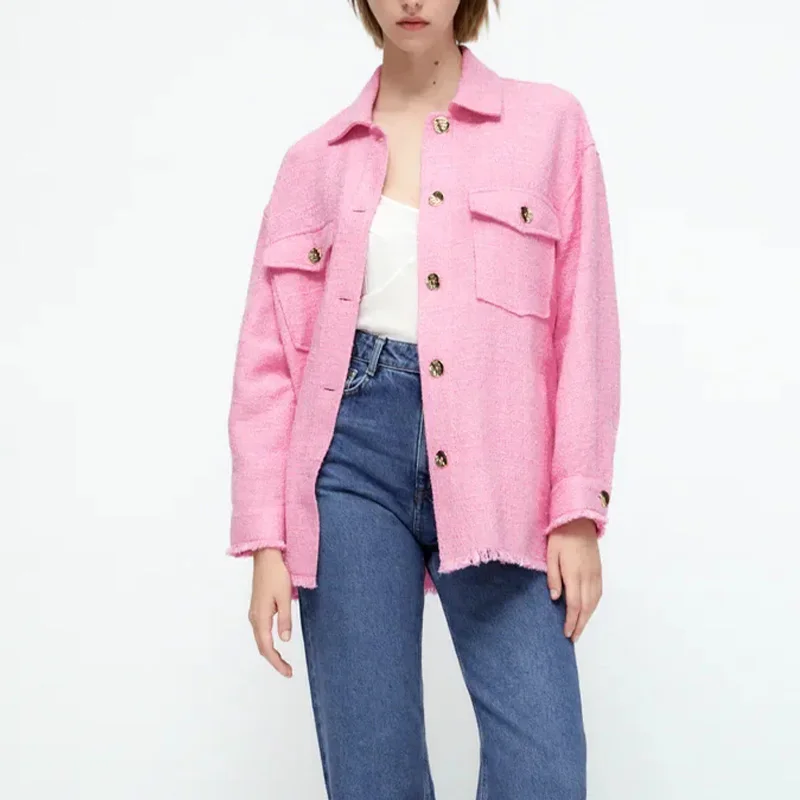 Women's Pink Shirt Jackets Turn Down Collar Coat Pockets Long Sleeve Tops Elegant Chic Blouses Streetwear Fashion Woman Shirt