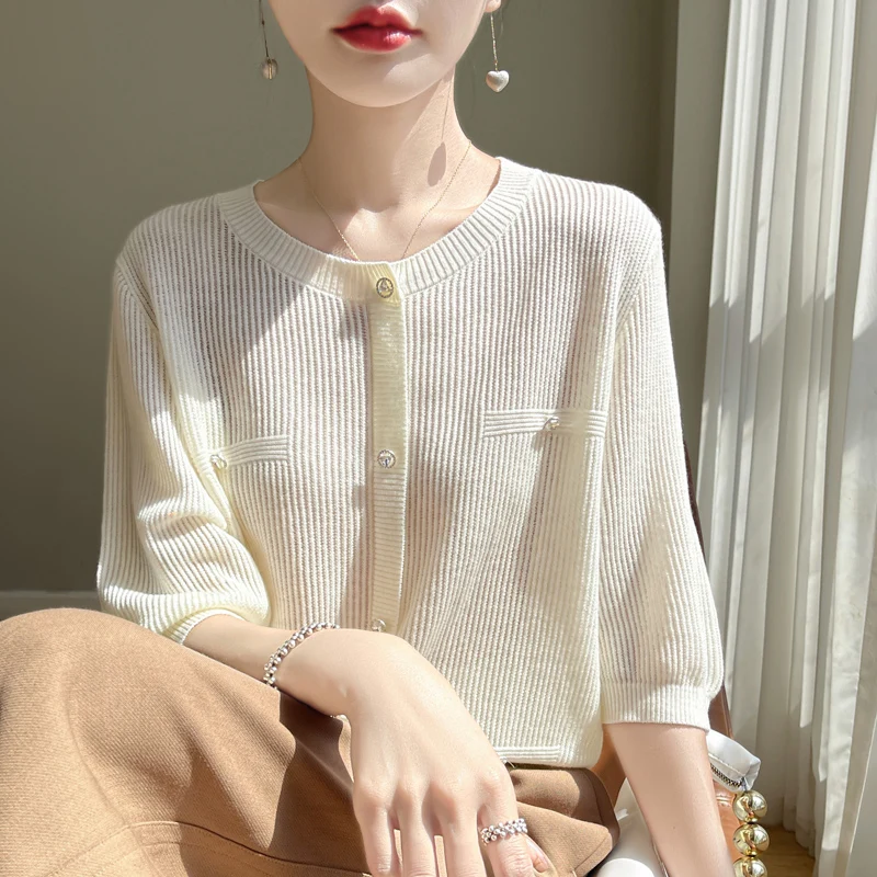 Высококачественный Женский свитер из шерсти с коротким рукавом и круглым