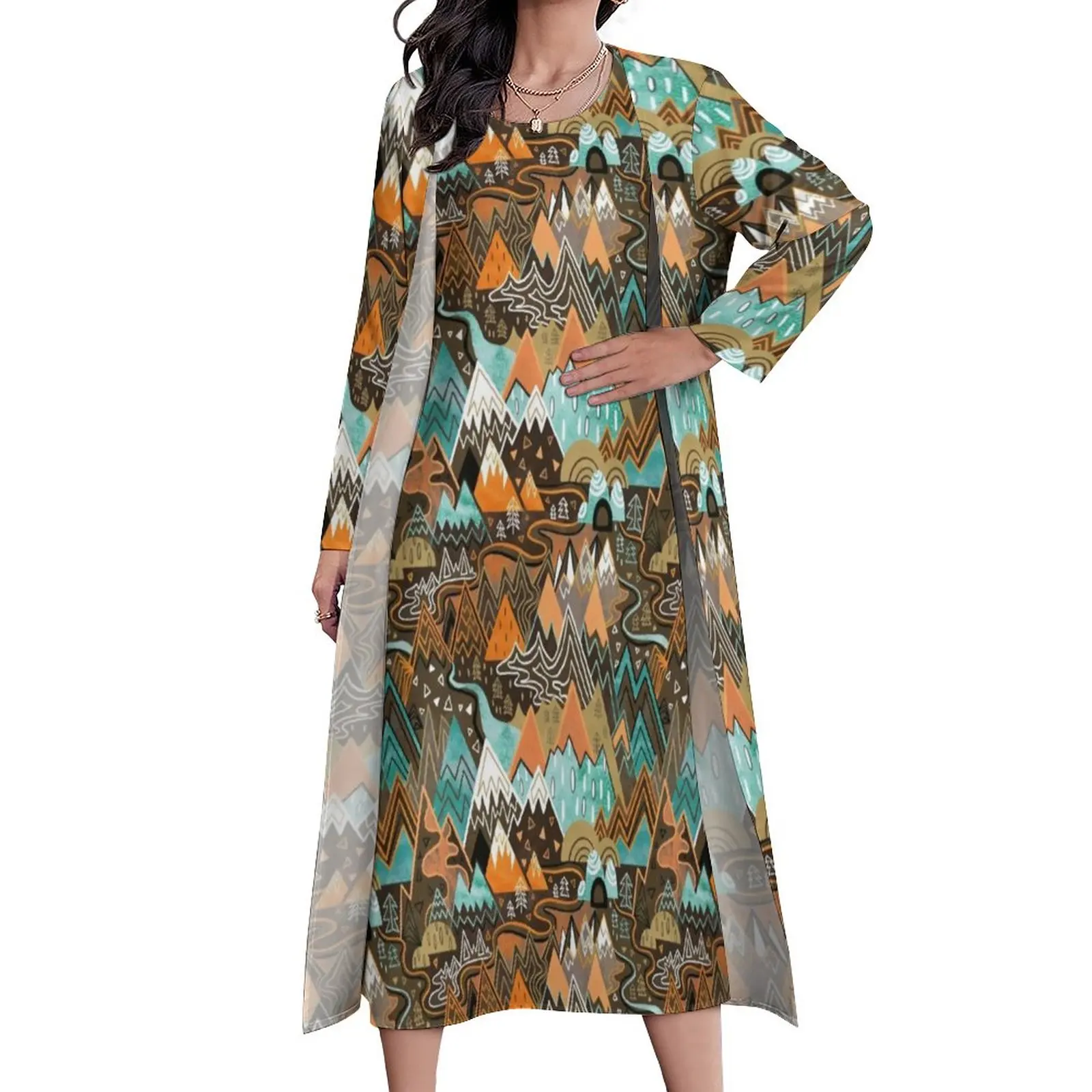 

Vintage Mountains Dress Two-Piece Maximalist Mountain Maze Brown Mint Orange Aesthetic Bohemia Long Dresses Vintage Maxi Dress