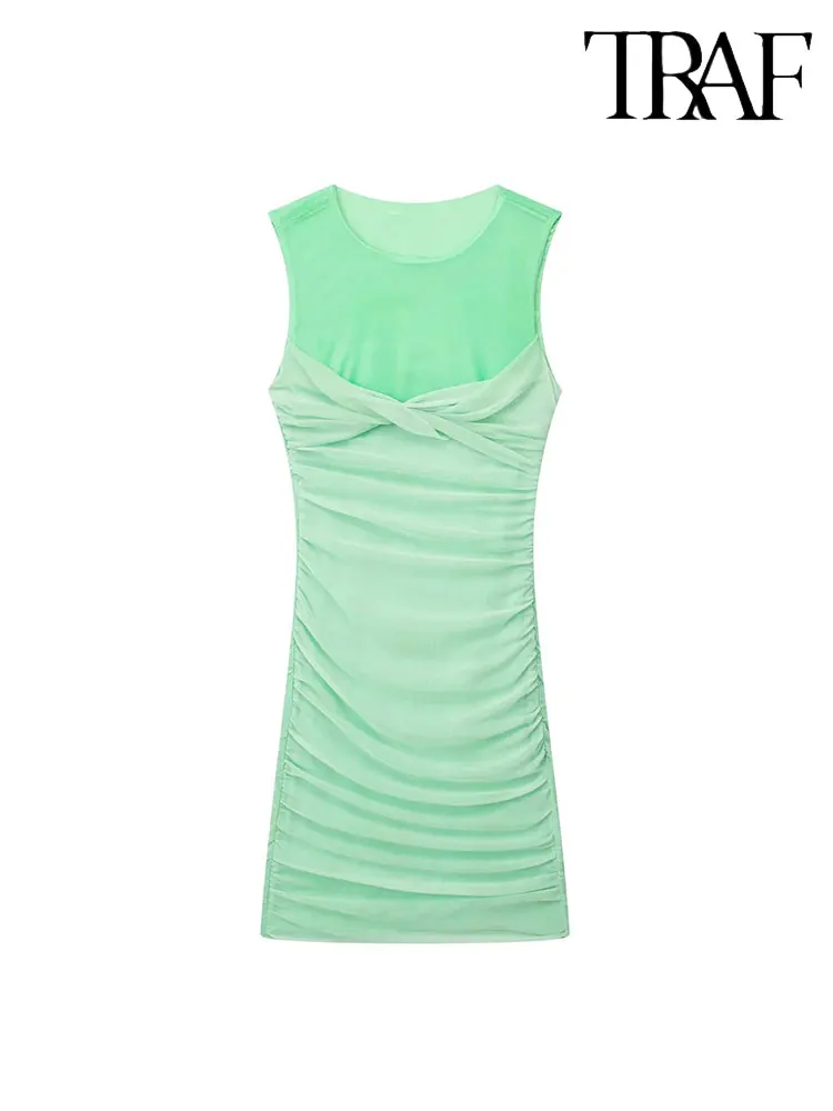 

Летнее женское шикарное шелковое Сетчатое Тюлевое мини-платье TRAF 2023, модные плиссированные повседневные элегантные облегающие платья без рукавов с круглым вырезом