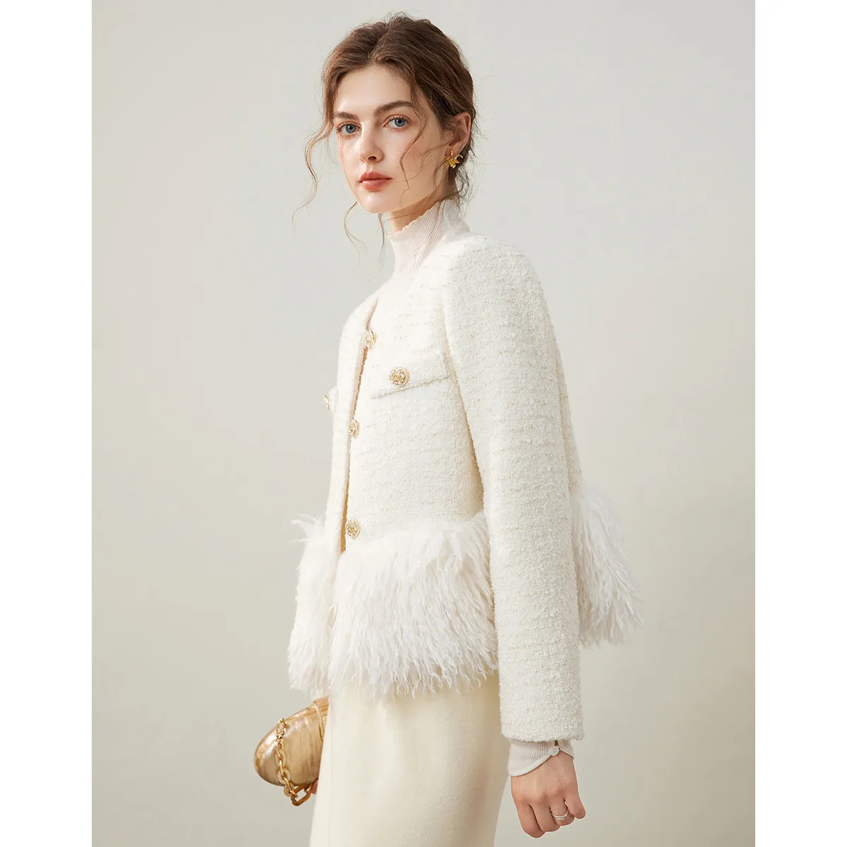 Женское пальто из искусственного овечьего флиса с круглым вырезом