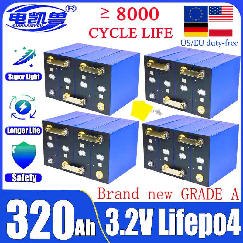 Фото Класс A, 320 Ач, 8000 циклов LiFePO4, 3,2 В, аккумуляторная батарея, подходит для DIY 12 В, 24 В, 48 В, хранения солнечной энергии, тележки для гольфа, кемпинга №1