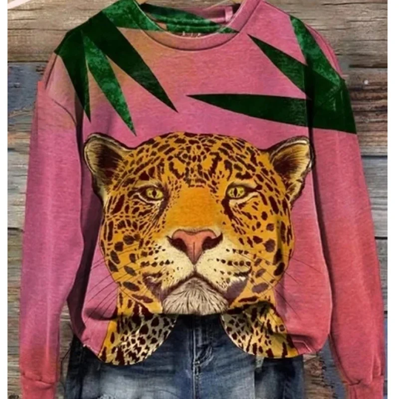 

Vintage Round Collar Female T-shirt Casual Long-sleeve Loose Top Pullover Femme Women Various Tiger Patterns 3D Print Sweatshirt