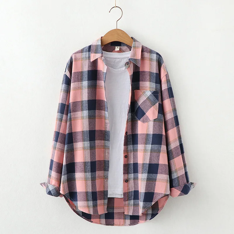 New Autumn Winter Plaid Shirts Women Cotton Ladies Casual One Pocket Top Loose Plus Size Blouse Female Long Sleeve Blouses