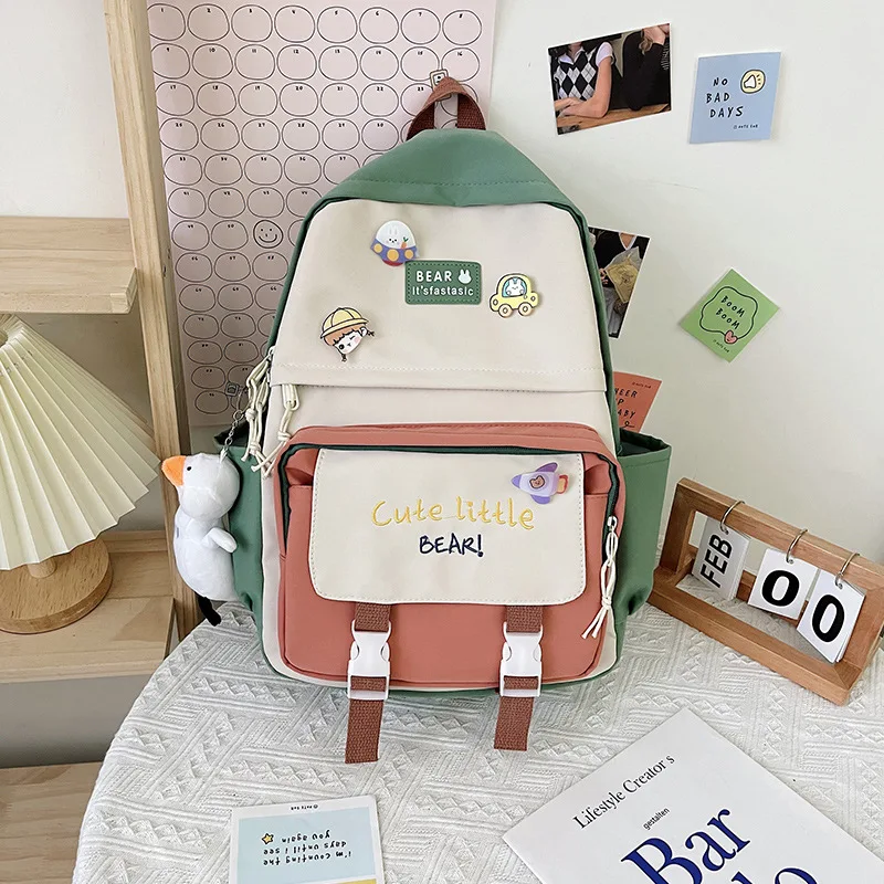 

High School Backpack for Girls Student Middle School Bags Women Green Korean Bookbag Cute Sweet 2022 Fresh Multiple Pockets