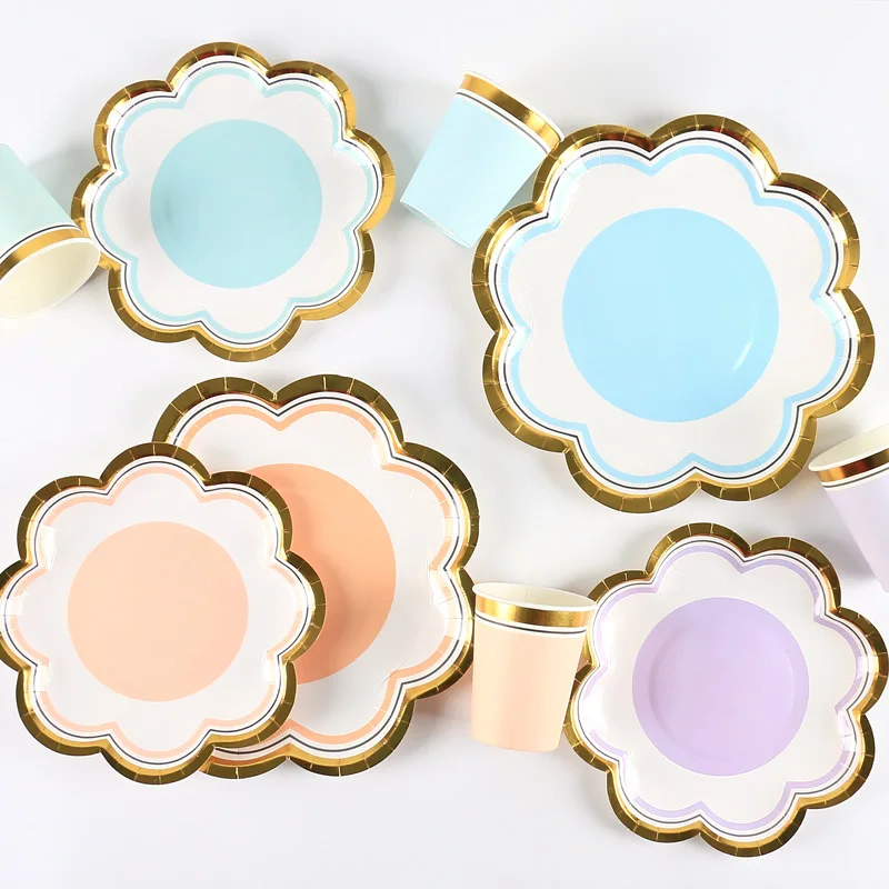 

JOLLYBOOM 7 Inch/9 Inch Petal-shaped Disposable Paper Plate Macaron Color Flower Cup Dessert Fruit Cake Plate Birthday Party