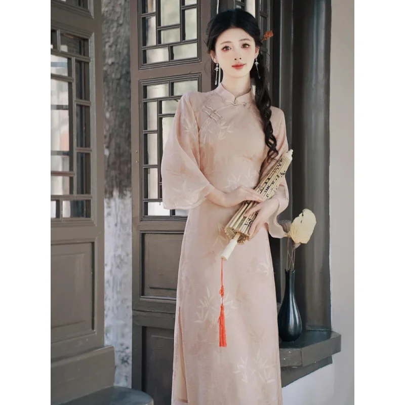 2024 весна-лето женская одежда в китайском стиле элегантное розовое платье с
