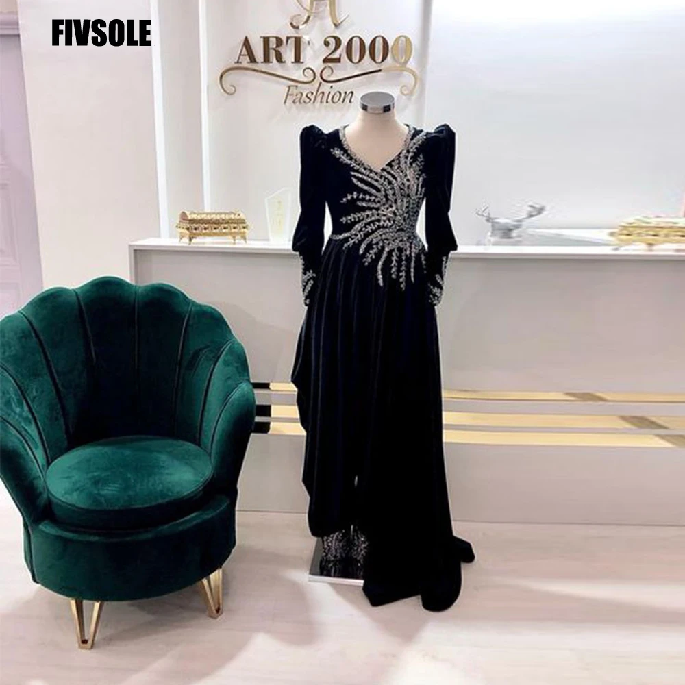 

Fivsole Black Long Sleeves Prom Dresses With Beadings Sequins Mermaid V-Neck Evening Party Gowns Event Dresses Robes De Soirée