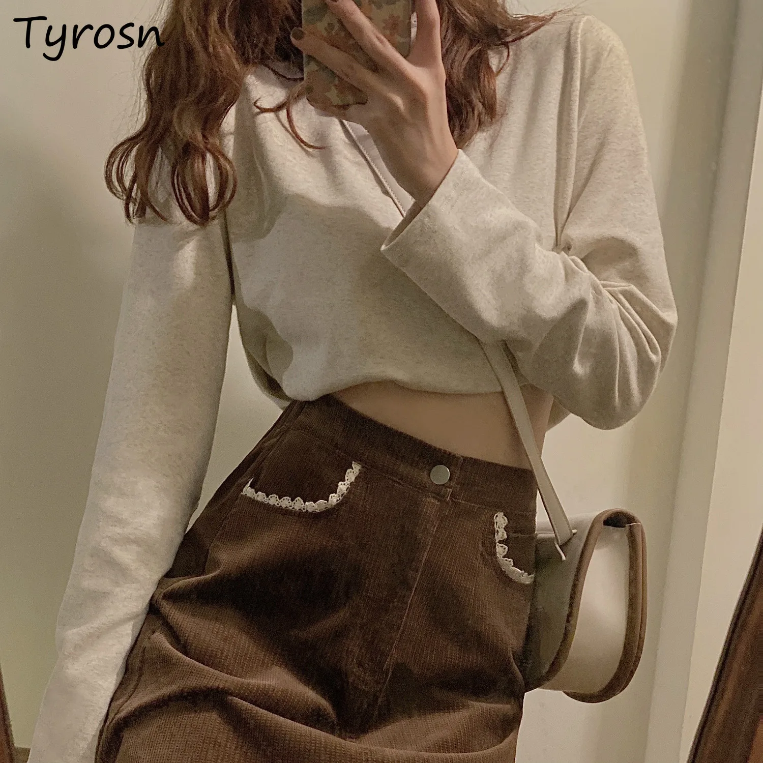 

Vintage Skirts Corduroy Lace-line Sweet Mid Calf Fashion Retro Women Faldas Chic Streetwear Students Harajuku Ulzzang Leisure