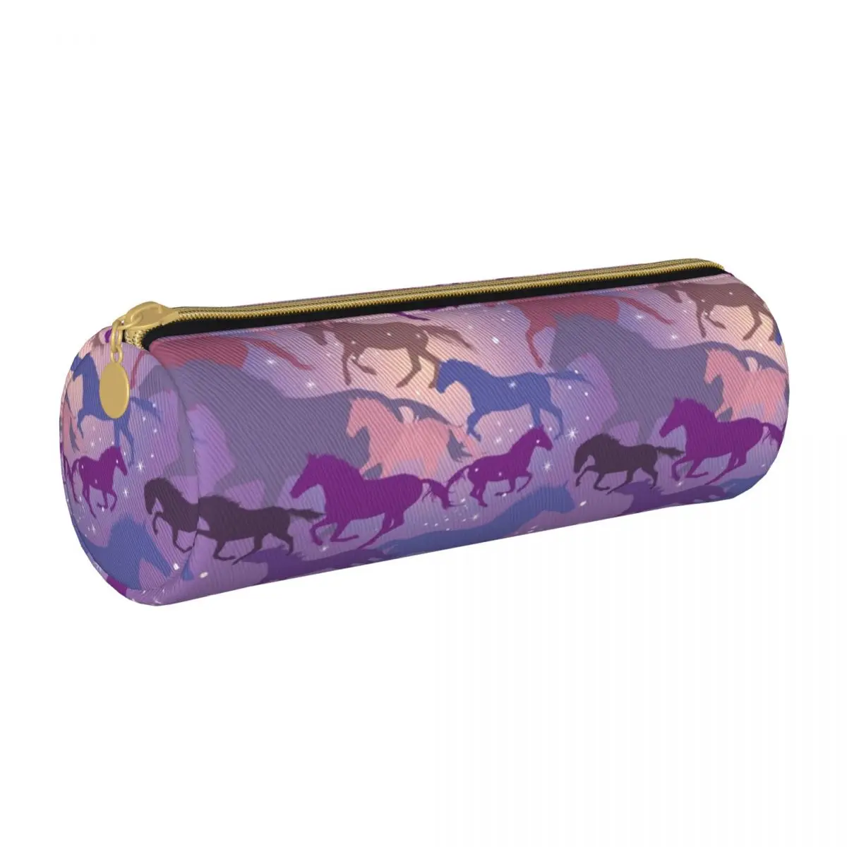 

Flare Horse Round Pencil Case Wild Horses Riding On Purple Pattern School Cool Leather Pencil Box Teenager Zipper Pen Pouch