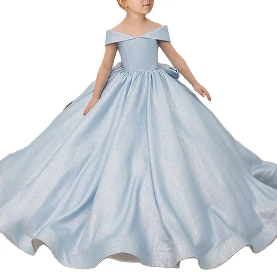 

Детское атласное платье с бантом, голубое платье с цветами для девочек, элегантное бальное платье принцессы для дня рождения, простое платье для первого причастия с бантом