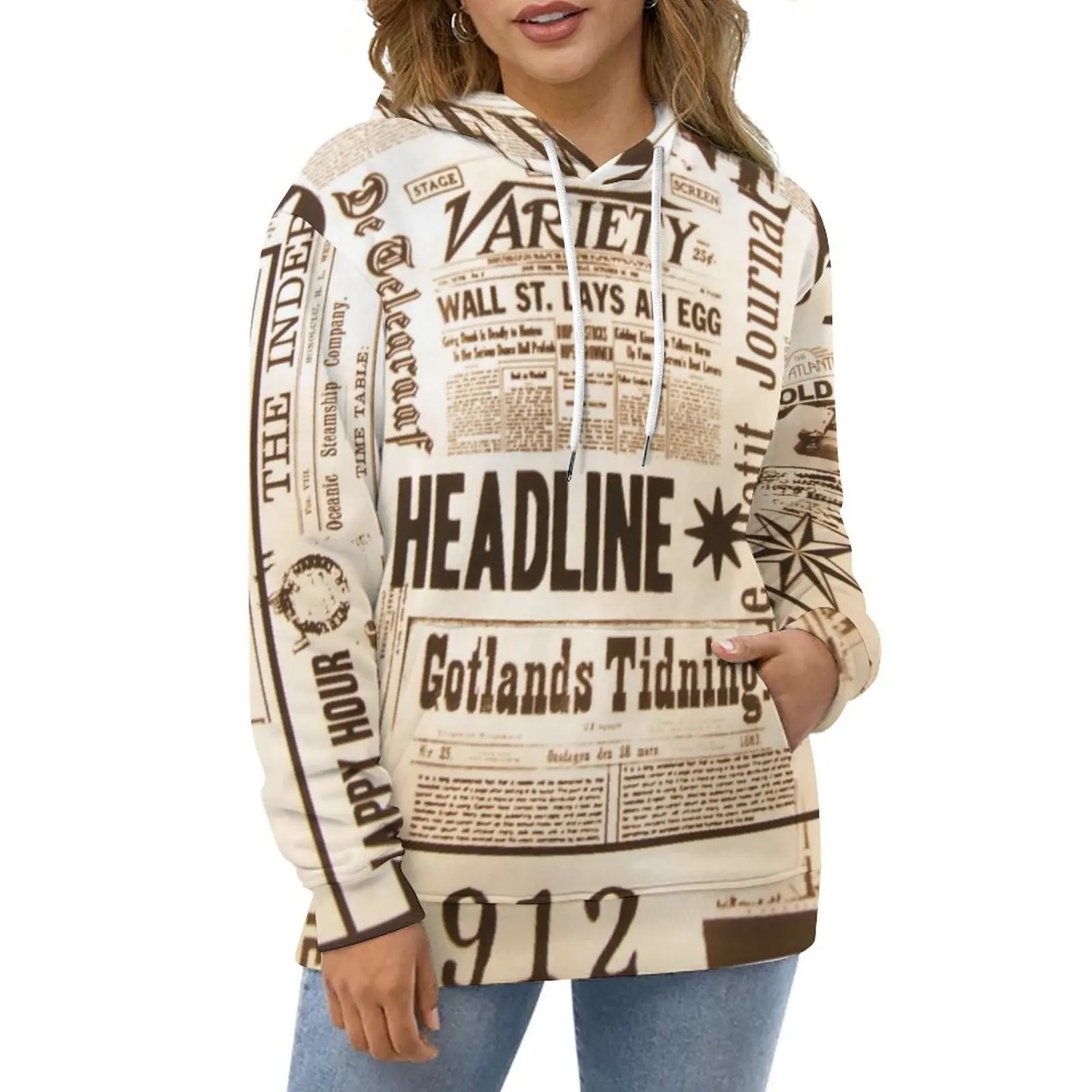 

Худи в стиле оверсайз с принтом газеты, Весенняя винтажная Толстовка с длинным рукавом в уличном стиле, повседневные свитшоты в современном стиле унисекс