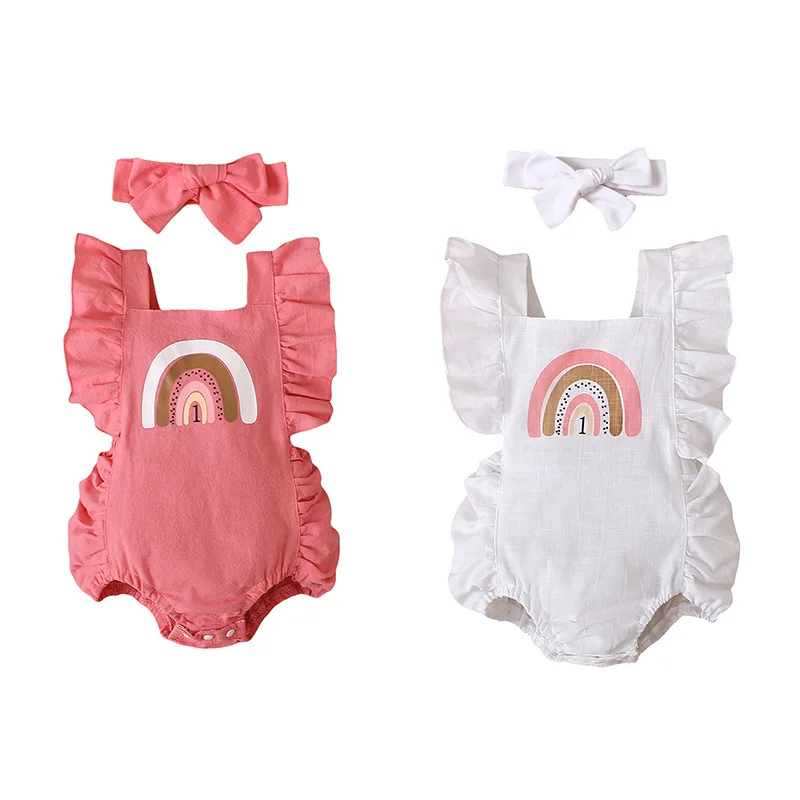 

Newborn Baby Girl Fly Sleeve One Year Birthday Bodysuit, Rainbow Pattern Square Neck Backless Snap Crotch Leisure Style Jumpsuit