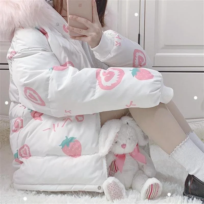 Winter 2022 New Japanese Women's Sweet Coat Cartoon Print Warm Coat Girl Kawaii Hooded Coat Fashionable Female Woman Jacket