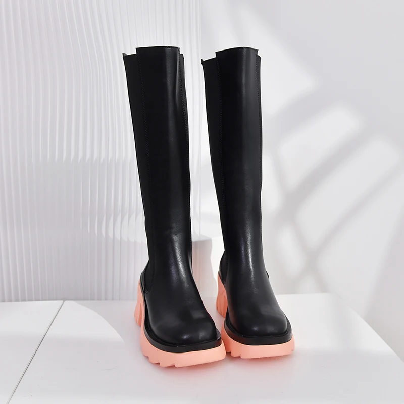 New Women High Heels Knee High Chelsea Boots 2022 Winter Fashion Zip Wedges Snow  Leather Shoes Chunky Goth Motorcycle Botas