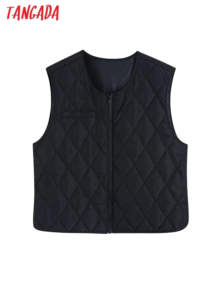 

Tangada Women Black Crop Crop Waistcoat Parkas Zipper 2021 Female Sleeveless Outwear CE125