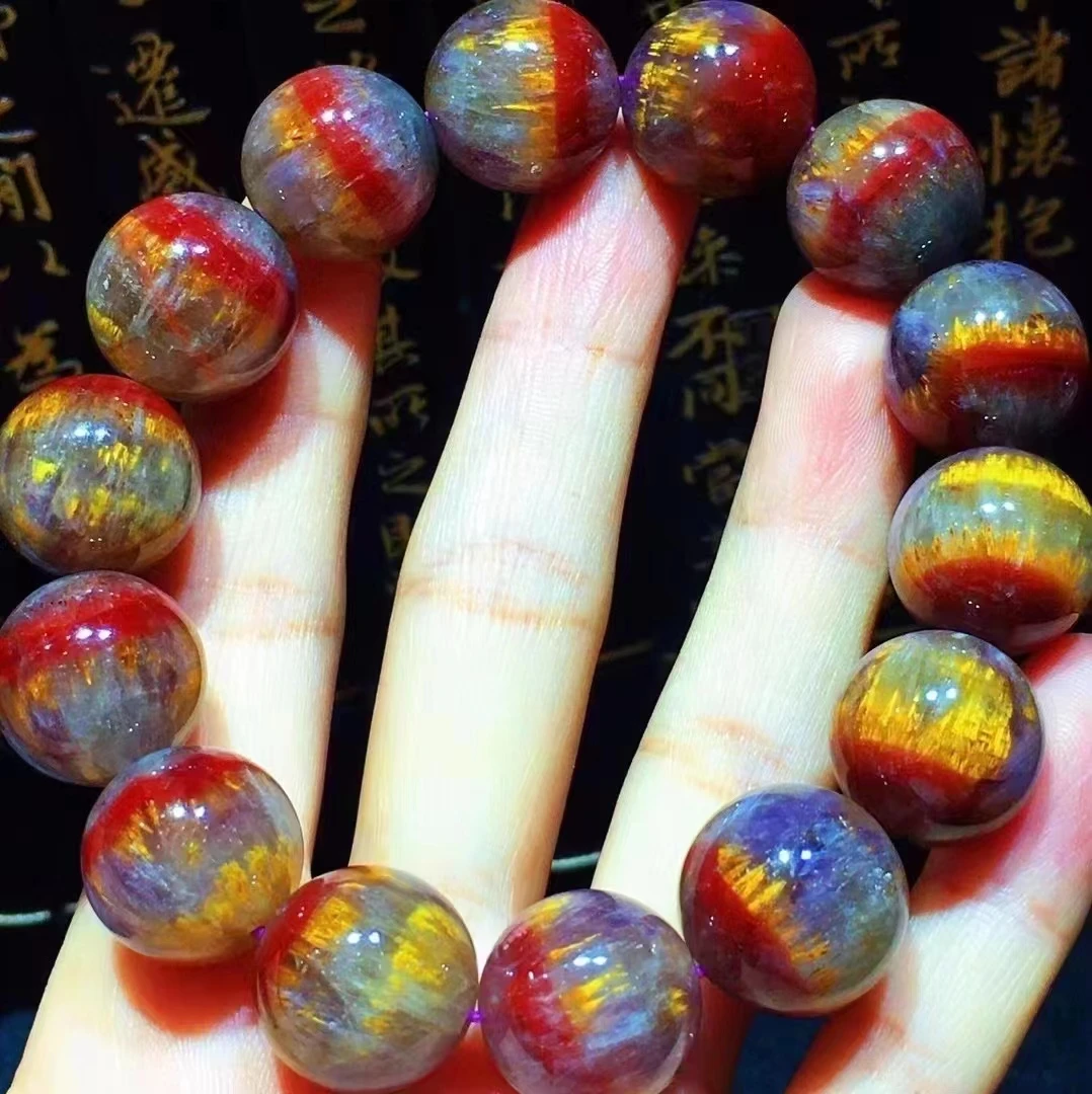 

Natural Red Auralite 23 Cacoxenite Canada Bracelet 16.2mm Gold Rutilated Women Men Round Beads Stretch Rarest Jewelry AAAAA