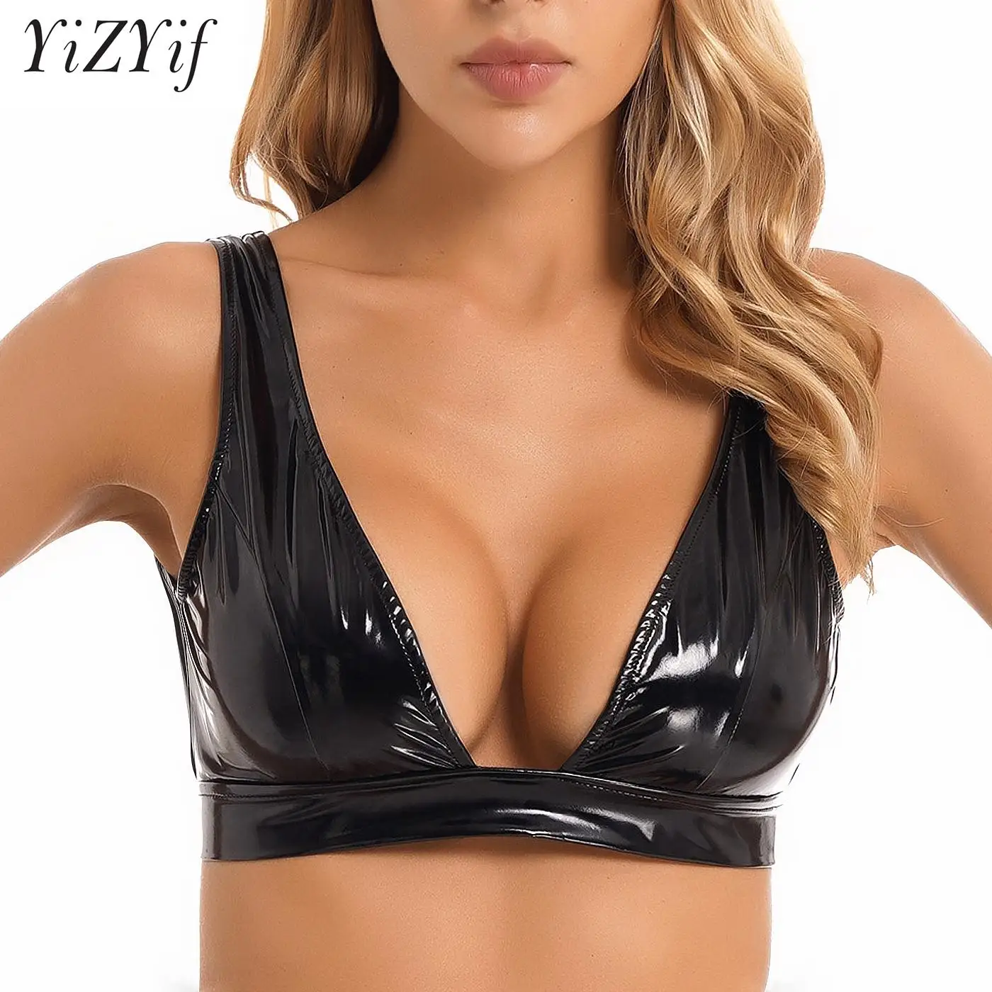 

Women Deep V Neck Sexy Balconette Underwear Low-Cut Bralette Wet Look PU Leather Wire-free Unlined Bra Tops Nightclub Lingerie