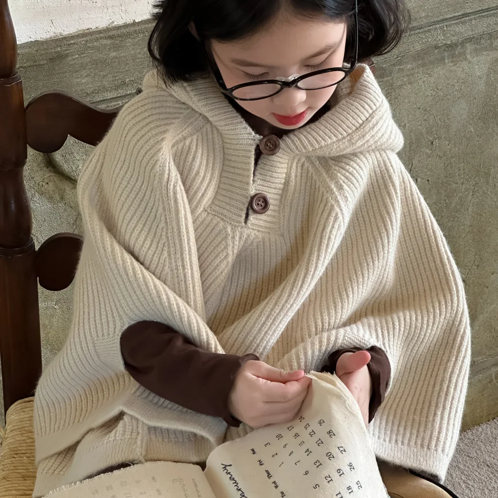 Детская накидка модель сезона осень-зима 2024 Однотонный свитер для девочек в