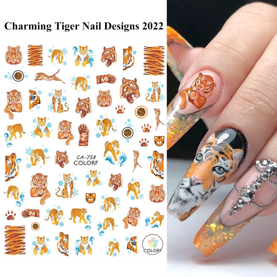

Charming Tiger Stickers for Nails Animal Image Nail Art Design Tiger Tattoo Manicure Nail Decals Slider Water Wraps Decorations