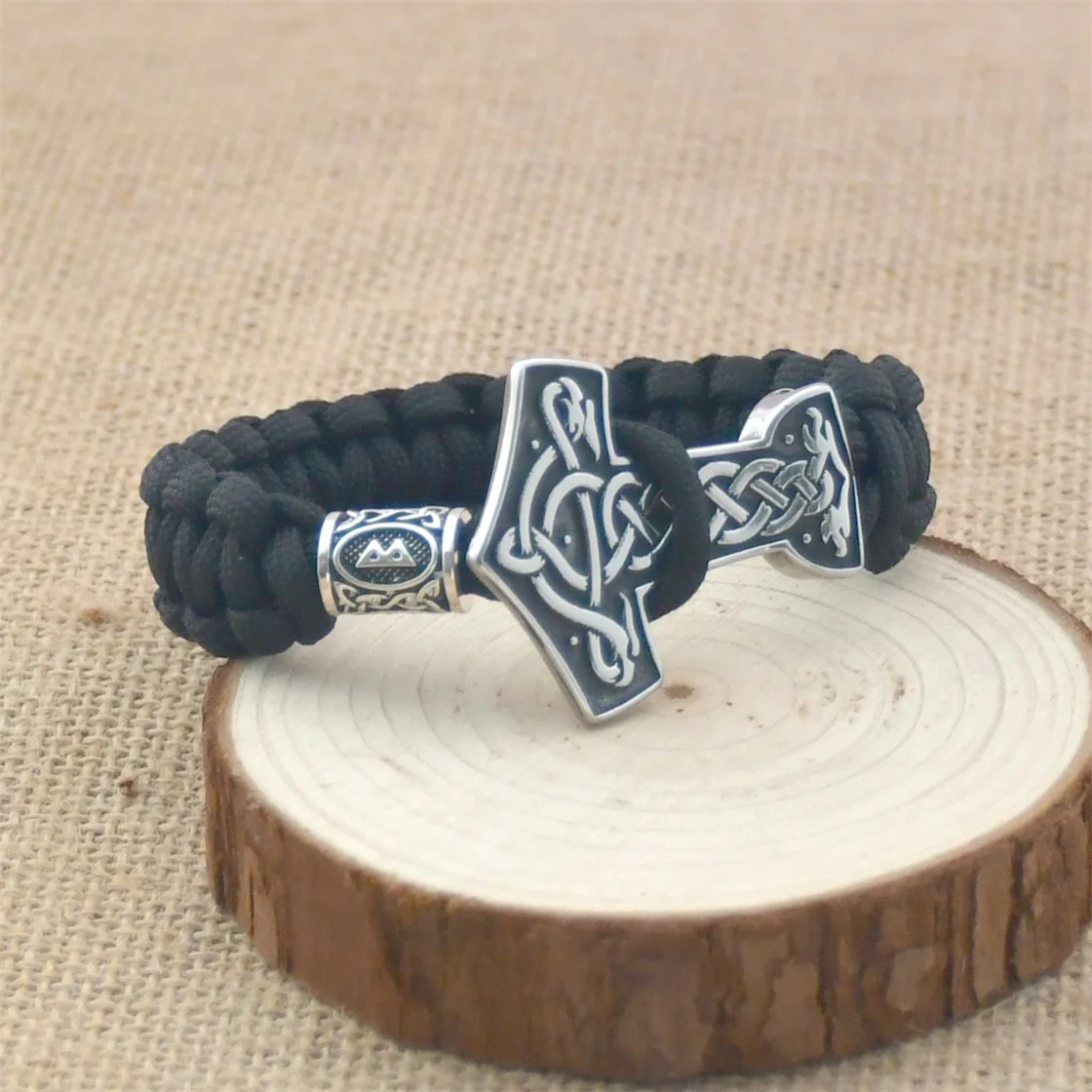

Viking Stainless Steel Hammer Bracelet Nordic Odin Rune Beads Amulet Bracelet Viking Jewelry