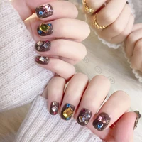 24pcs short colored diamonds false nails with design artificial glitter bling lady fake nails 3d acrylic nail tips for fingers
