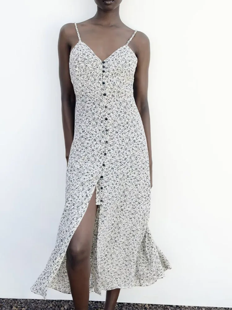 

New Fashion Women's Temperament Waist Wrapped Flower Print V-Neck Underwear Strap Dress