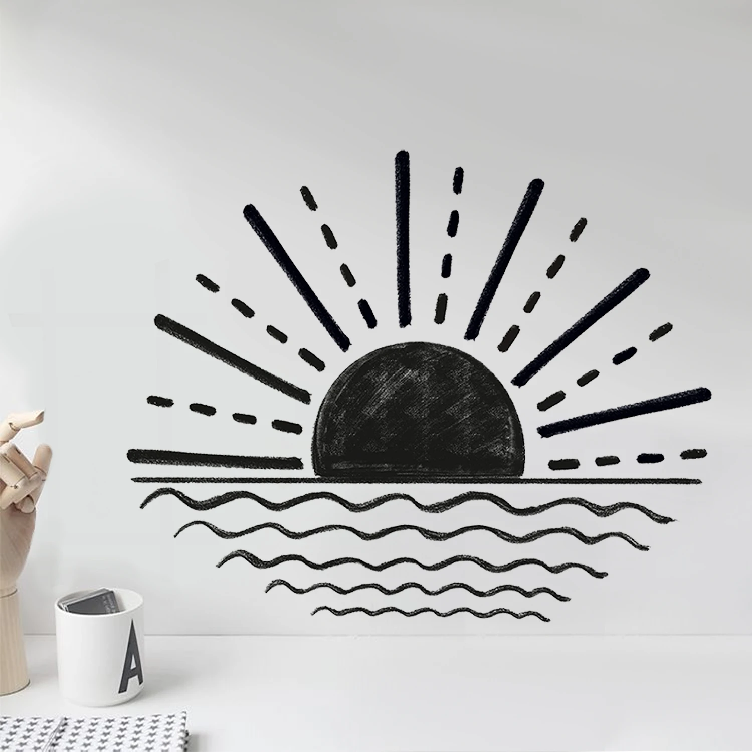 

Black Modern Sun Wall Sticker Creative Sun Rise From Sea Children's Bedroom Porch Home Wall Background Self-adhesive Room Decor