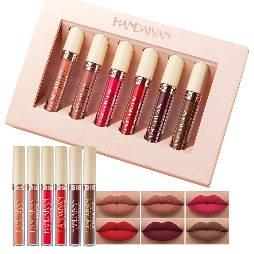 HANDAIYAN 6 Colors Lipgloss Lipstick Matte Nourish Moisturizing Professional Lip Makeup Long Lasting Waterproof Cosmetics
