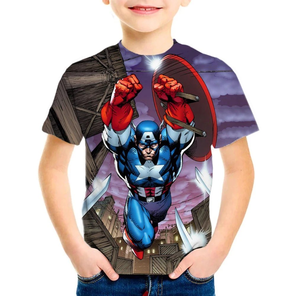 

Летняя футболка с коротким рукавом для мальчиков 4-14 лет, футболка «Капитан Америка», детские топы из полиэстера с героями мультфильмов для ...