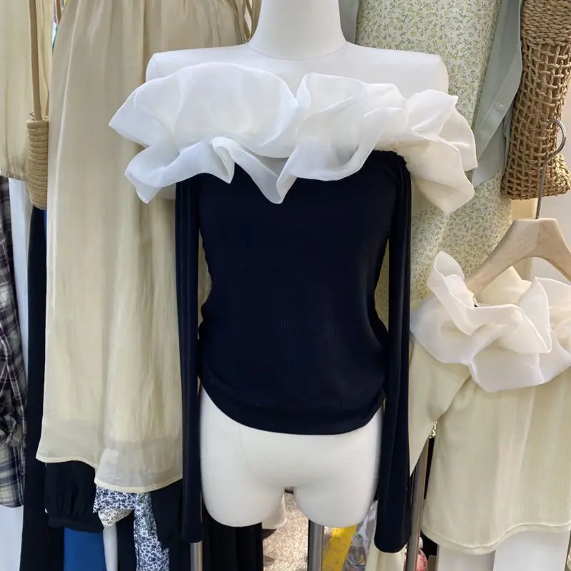 

Осенняя футболка 2022, Женские однотонные Топы с длинным рукавом и оборками, Повседневная элегантная офисвечерние чная футболка в стиле пэчв...