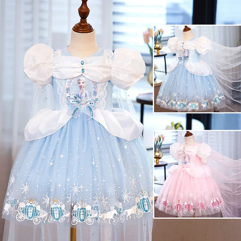 

Disney Cartoon Frozen Girls Elsa Princess Dress Summer Kids Baby Puff Sleeve Mesh Costume Birthday Party Gown Toddler Clothing
