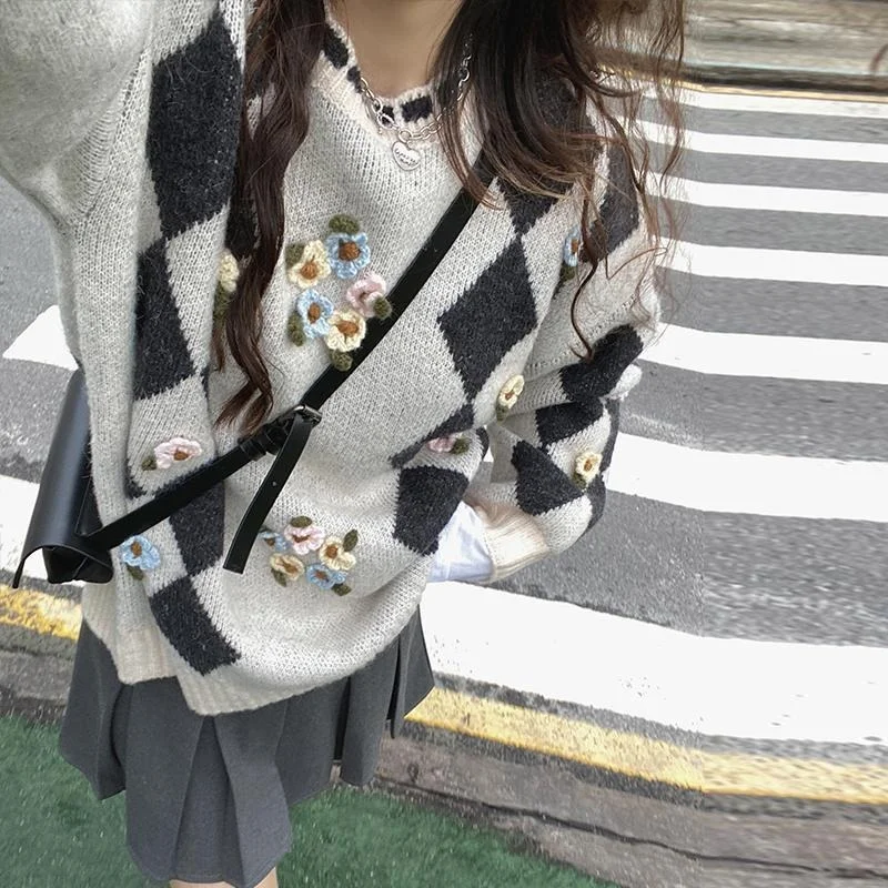 

Женский утепленный пуловер ручной работы, Свободный вязаный пуловер средней длины с цветочным принтом, свитер на осень и зиму