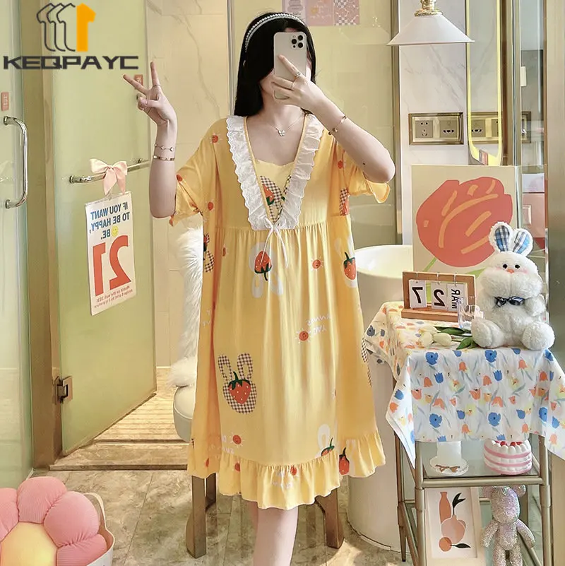 New 2023 Women's Sweet Nightgowns Spring Summer Women Short Sleeve Cartoon Floral Thin Sleeping Dress Sleepwear Casual Pajamas