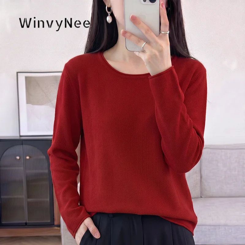 Фото Женский вязаный топ WinvyNee, 100% хлопок, круглый вырез, длинный рукав, свободный крой, приятный к телу, универсальная базовая одежда, повседневный стиль, модель ZA1002054. №5