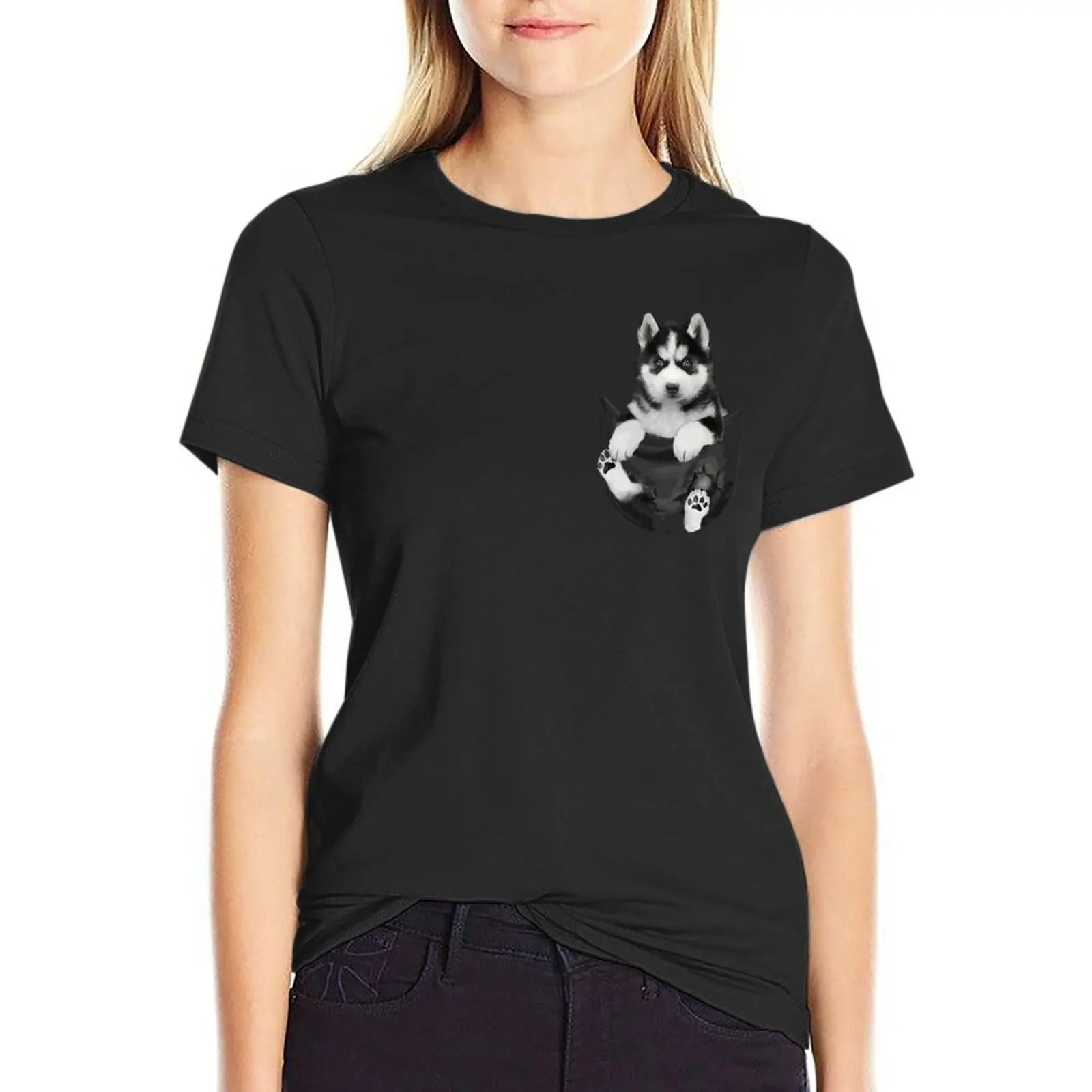 Camiseta siberiana Husky Pocket Dog única de gran tamaño para mujer, ropa de calle de manga corta, camiseta de talla grande