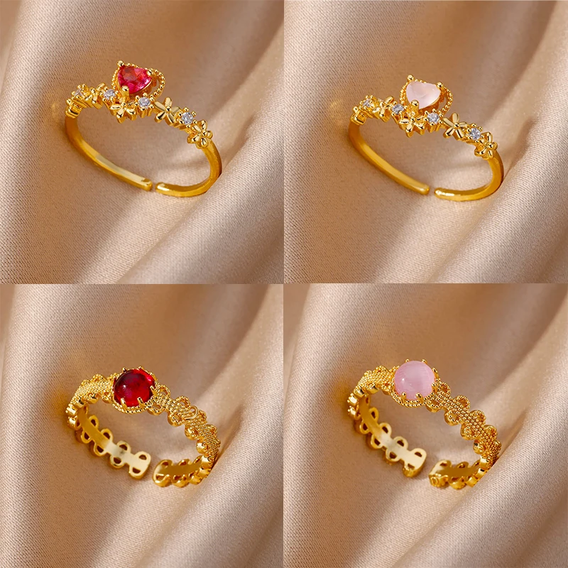 

Zircon Heart Ball Rings For Women Gold Plated Stainless Steel Open CZ Crystal Zircon Finger Ring Fashion Wedding Jewelry Gift