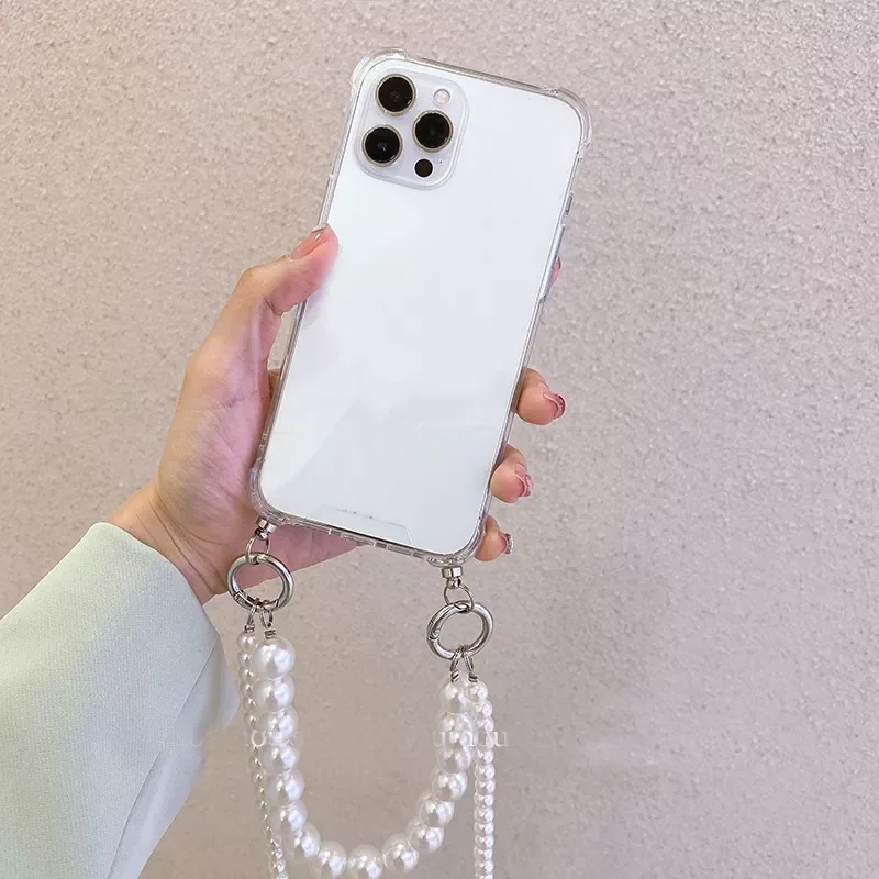 

Free Shipping for iphone iPhone 11 12 13 Pro Max XR X XS 7 8 plus Cover Pearl Bracelets Chain Case with Lanyard Aesthetic Luxury
