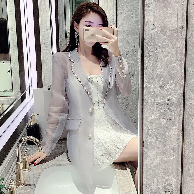 

Chic Women Thin Perspective Rhinestones Beaded Suits Mesh Coat Organza Diamonds Blazers Cardigan Gauze OL Long Sleeve Tops Ins