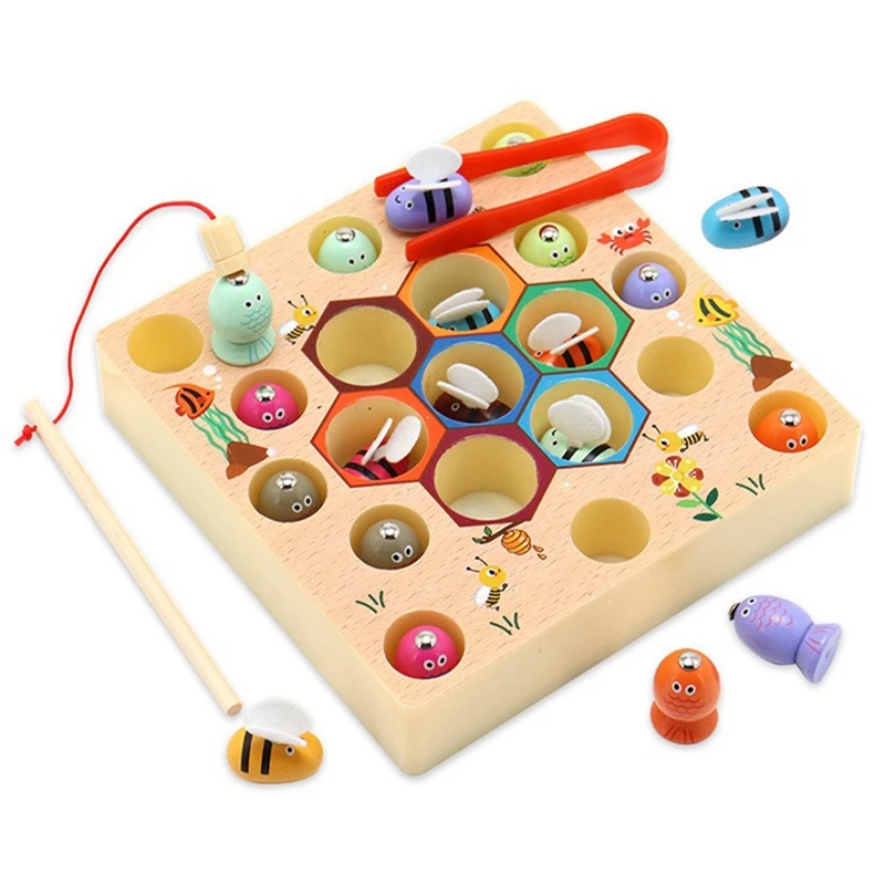 

Wooden Magnetic Fishing Catch Bee Two-In-One Toy Early Childhood Educational Toy Color Recognition Game for Children