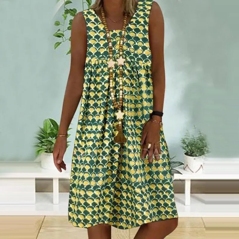 

Vintage Women Floral Print Midi Party Dress Summer New Fashion Square Collar Sleeveless Boho Dress Ladies Casual Tank Sundress