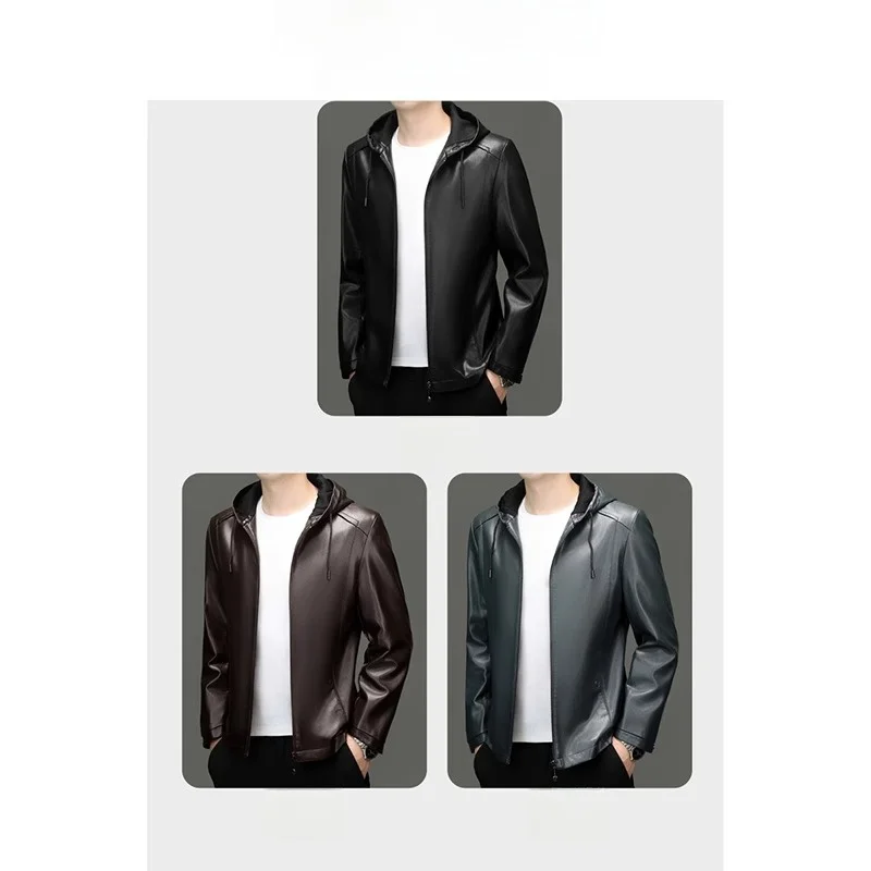 Мужское кожаное пальто Дятел новинка осени 2024 свободный капюшон мотоциклетная