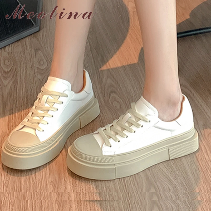 

Meotina Women Genuine Leather Sneakers Round Toe Flats Mixed Colors Platform Lace-up Ladies Fashion Shoes Spring Autumn Green