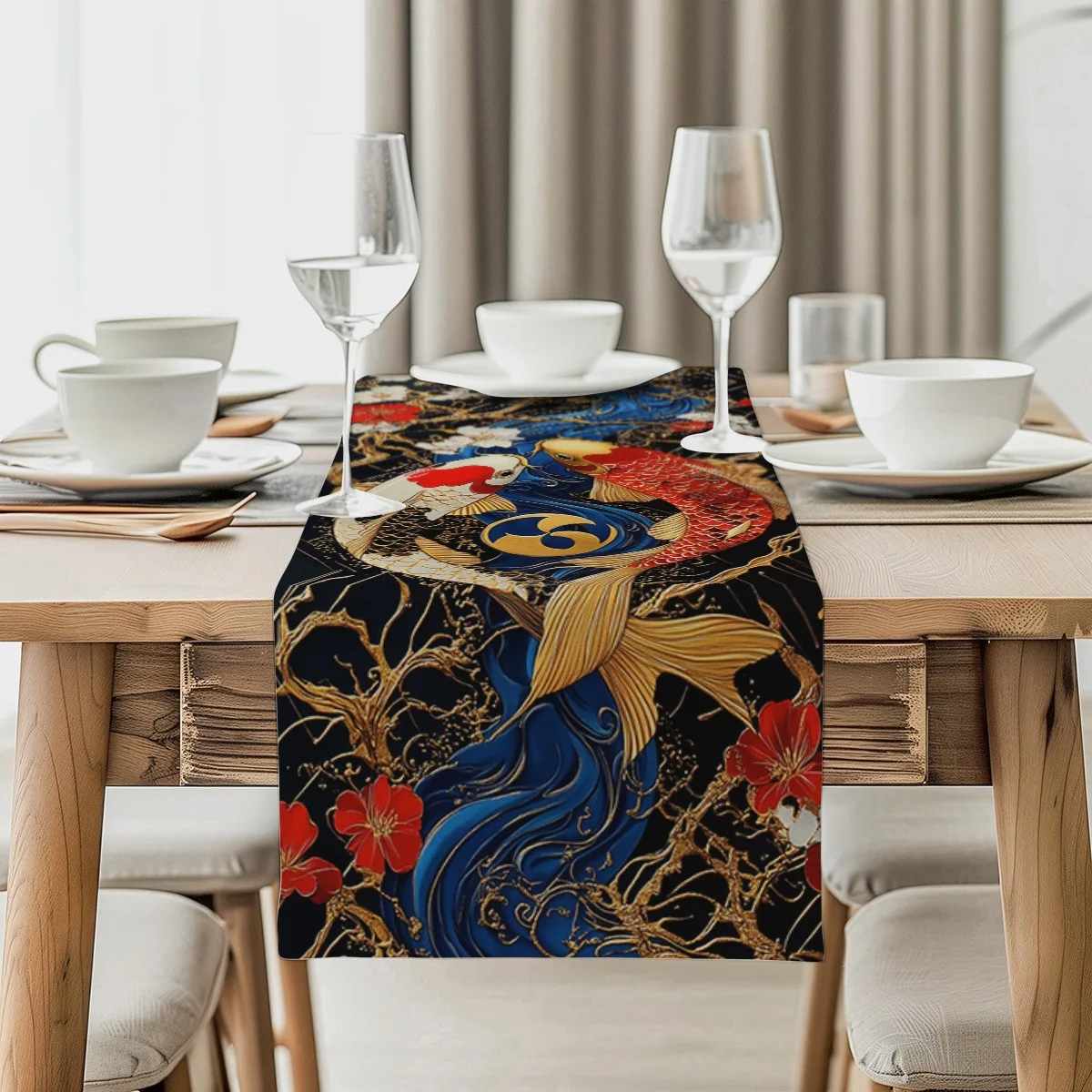 Скатерть-дорожка  «Рыба кои и цветение вишни»  в японском стиле