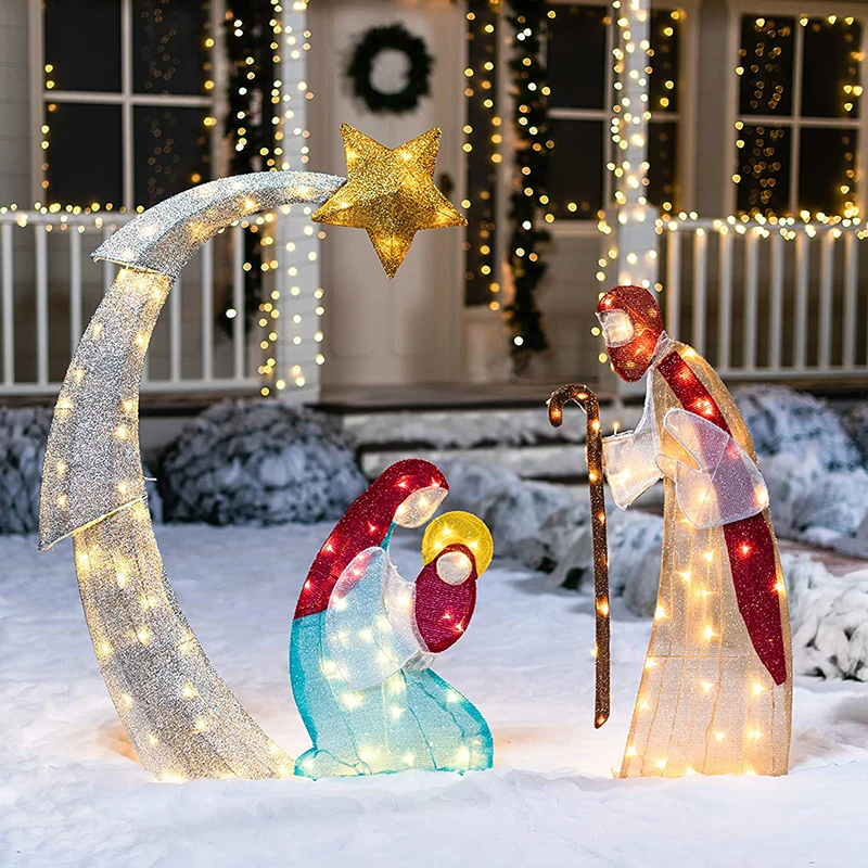 

Christmas Decorations Tinsel Nativity Scene Warm White Yard Plane Painting for Easter Outdoor Yard Garden Event Decoration